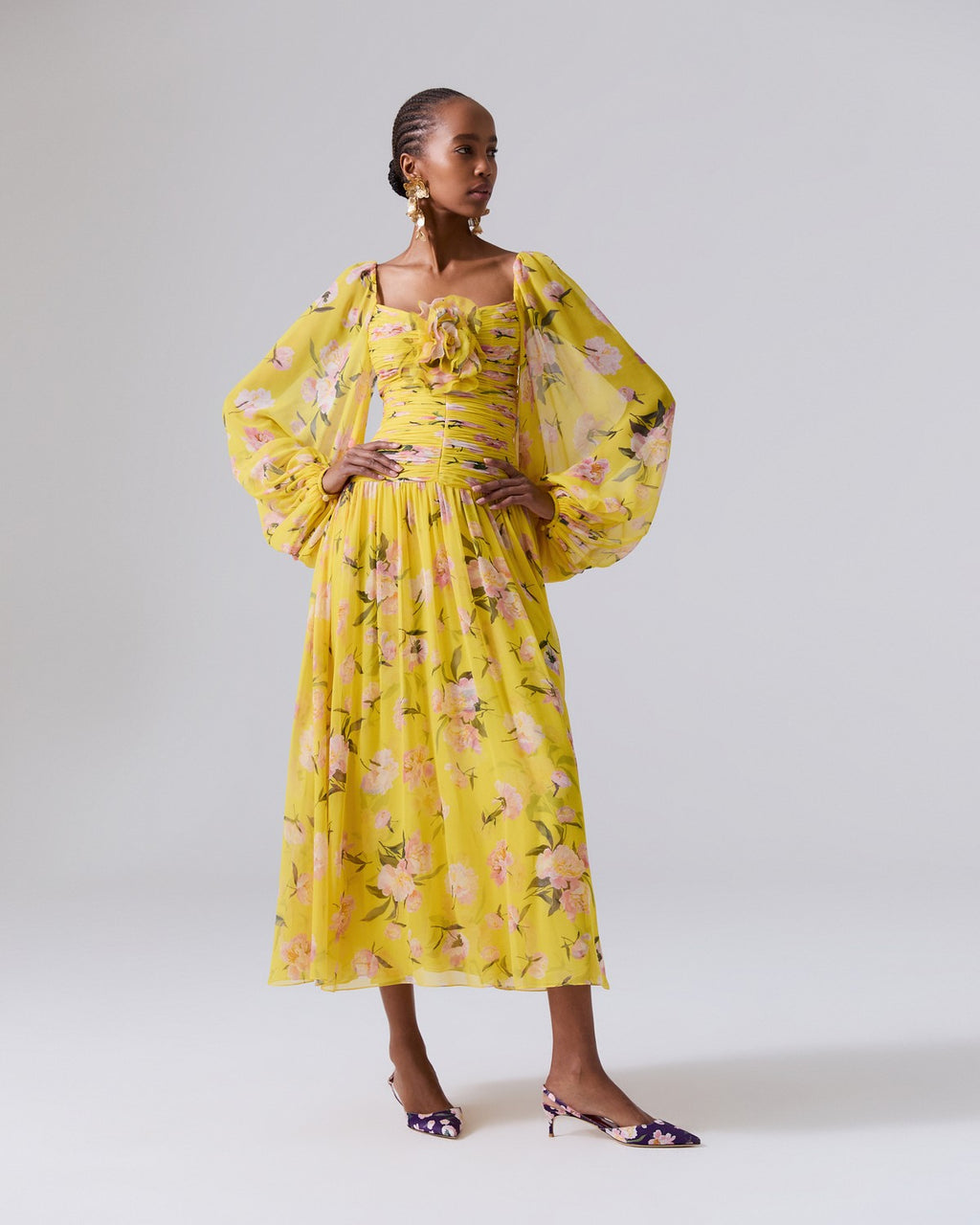 Carolina Herrera Puff-Sleeve Gathered Floral-Print Dress